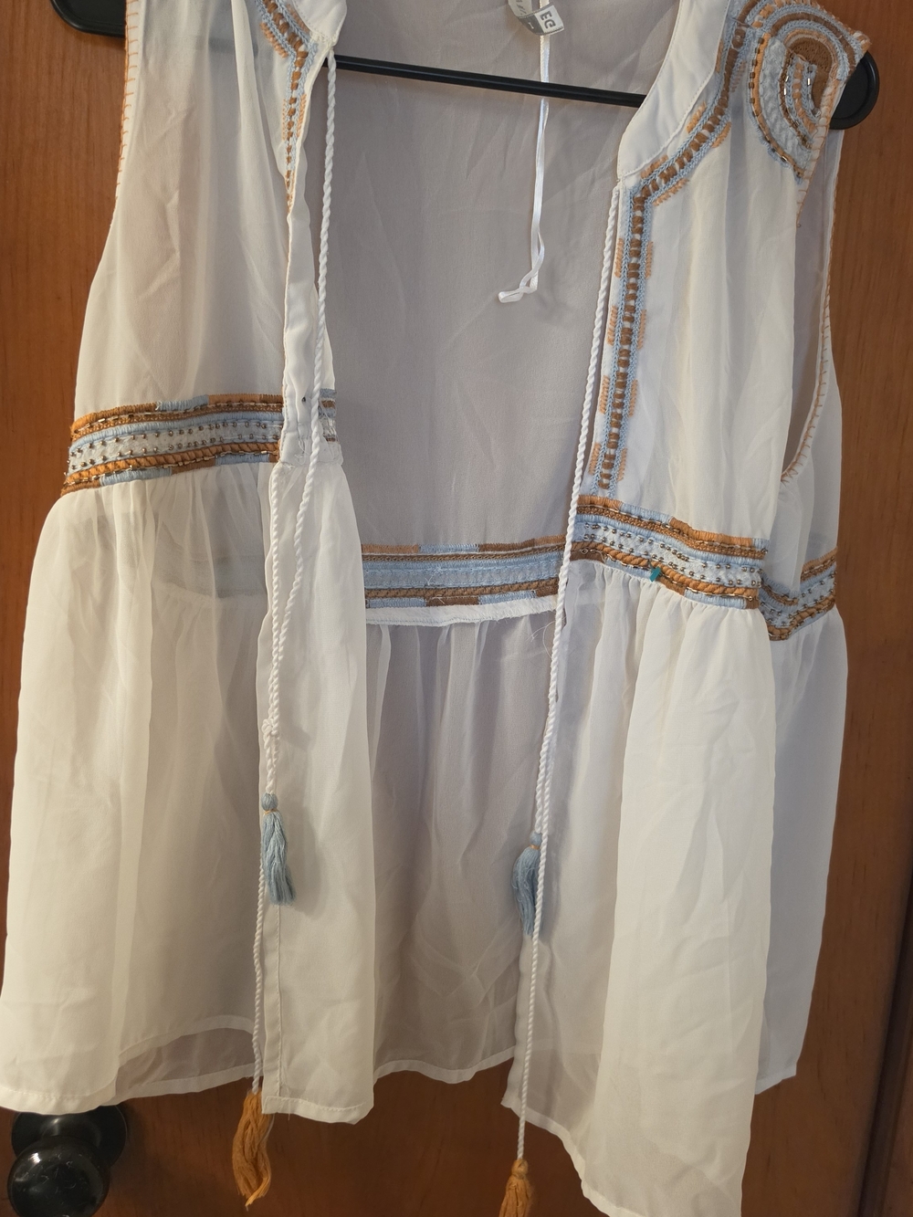 White Sheer Embroidered Tie-Front Tunic with Blue and Tan Accents